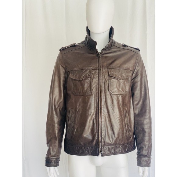 Tommy Hilfiger leather jacket Size L Color Dark Brown amazing fit character Moto - Picture 1 of 11